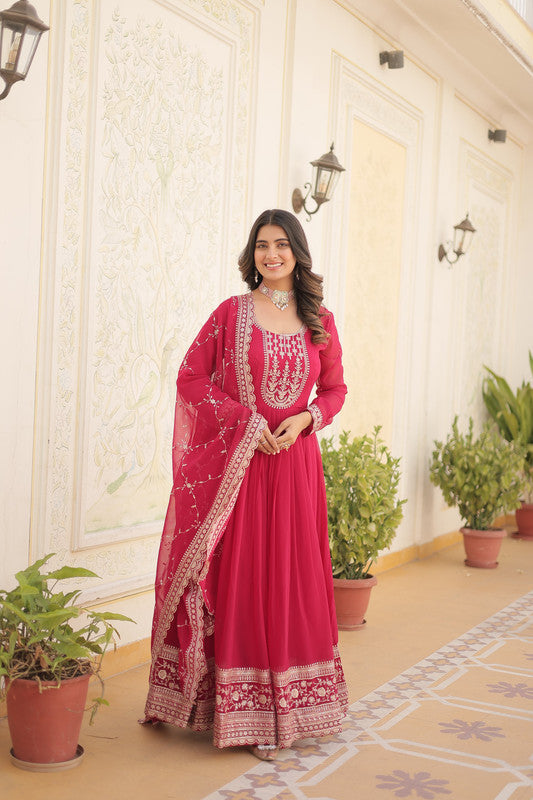 Jyoti Fashion Women's Rani Pink Faux Blooming Sequins Embroidered Partywear Anarkali Dress with Dupatta | Grocsy