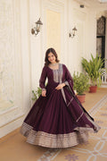 Jyoti Fashion Women's Wine Faux Blooming Silver Sequins Embroidered Partywear Anarkali Dress with Dupatta | Grocsy