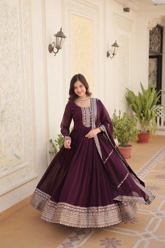 Jyoti Fashion Women's Wine Faux Blooming Silver Sequins Embroidered Partywear Anarkali Dress with Dupatta | Grocsy
