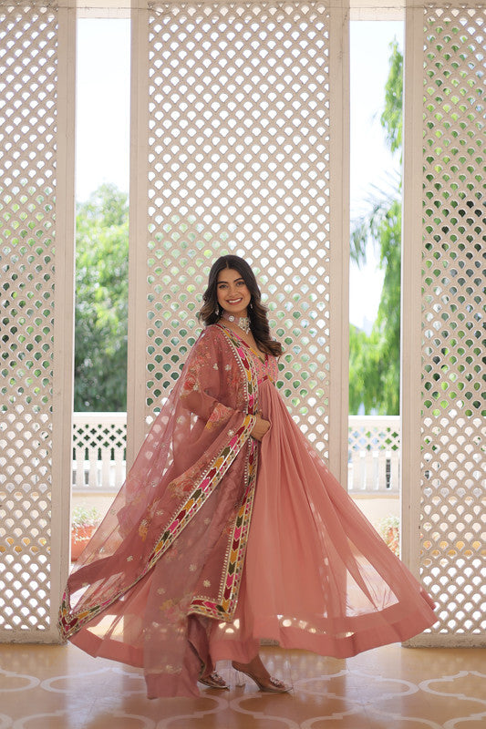 Jyoti Fashion Women's Peach Faux Georgette Sequins Zari Embroidered Anarkali Dress with Dupatta | Grocsy