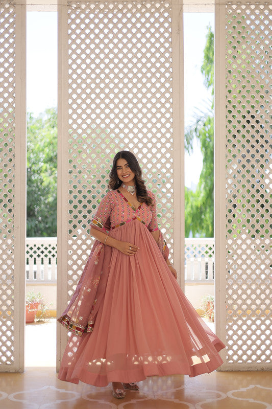Jyoti Fashion Women's Peach Faux Georgette Sequins Zari Embroidered Anarkali Dress with Dupatta | Grocsy