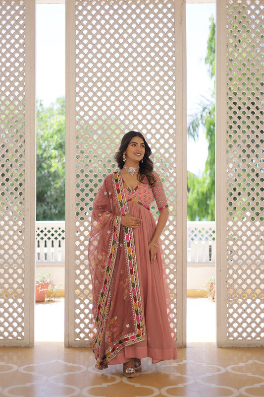 Jyoti Fashion Women's Peach Faux Georgette Sequins Zari Embroidered Anarkali Dress with Dupatta | Grocsy