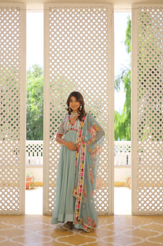 Jyoti Fashion Women's Sky Blue Faux Georgette Sequins Zari Embroidered Anarkali Dress with Dupatta | Grocsy