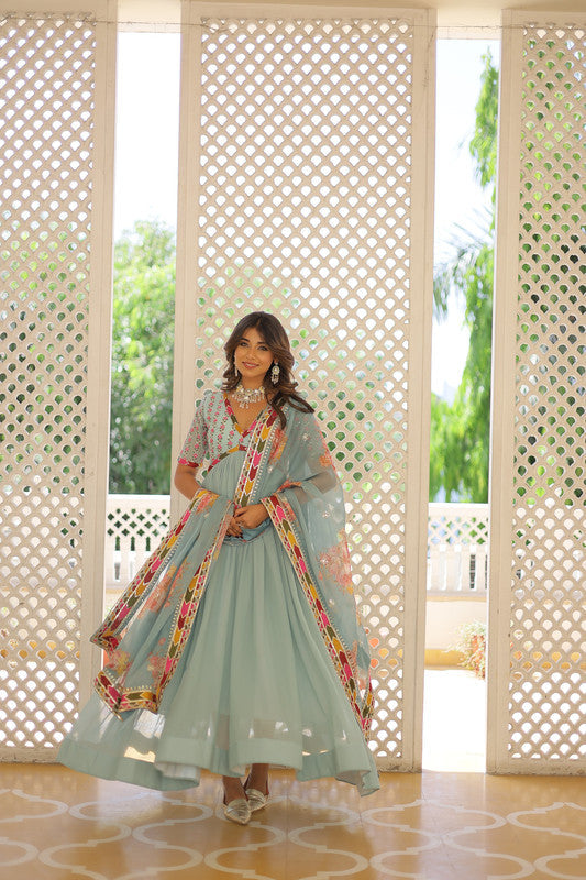 Jyoti Fashion Women's Sky Blue Faux Georgette Sequins Zari Embroidered Anarkali Dress with Dupatta | Grocsy