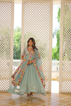 Jyoti Fashion Women's Sky Blue Faux Georgette Sequins Zari Embroidered Anarkali Dress with Dupatta | Grocsy