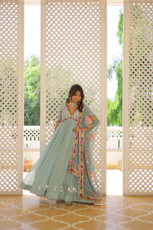 Jyoti Fashion Women's Sky Blue Faux Georgette Sequins Zari Embroidered Anarkali Dress with Dupatta | Grocsy