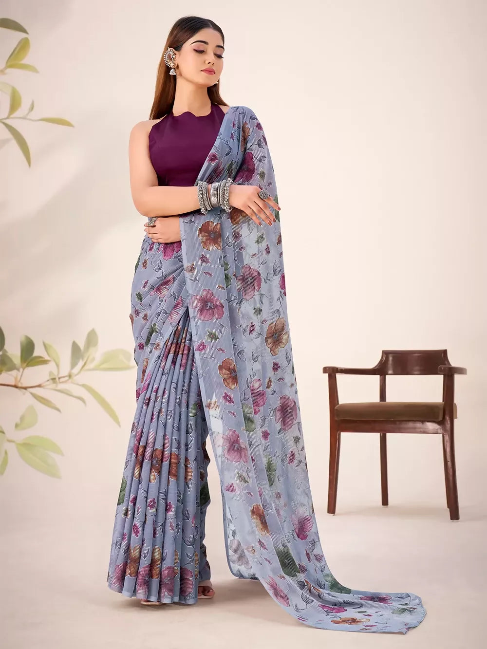 Vastranavya Grey Lurex Brasso Floral Printed Saree with Unstitched Blouse | Grocsy