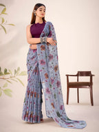 Vastranavya Grey Lurex Brasso Floral Printed Saree with Unstitched Blouse | Grocsy
