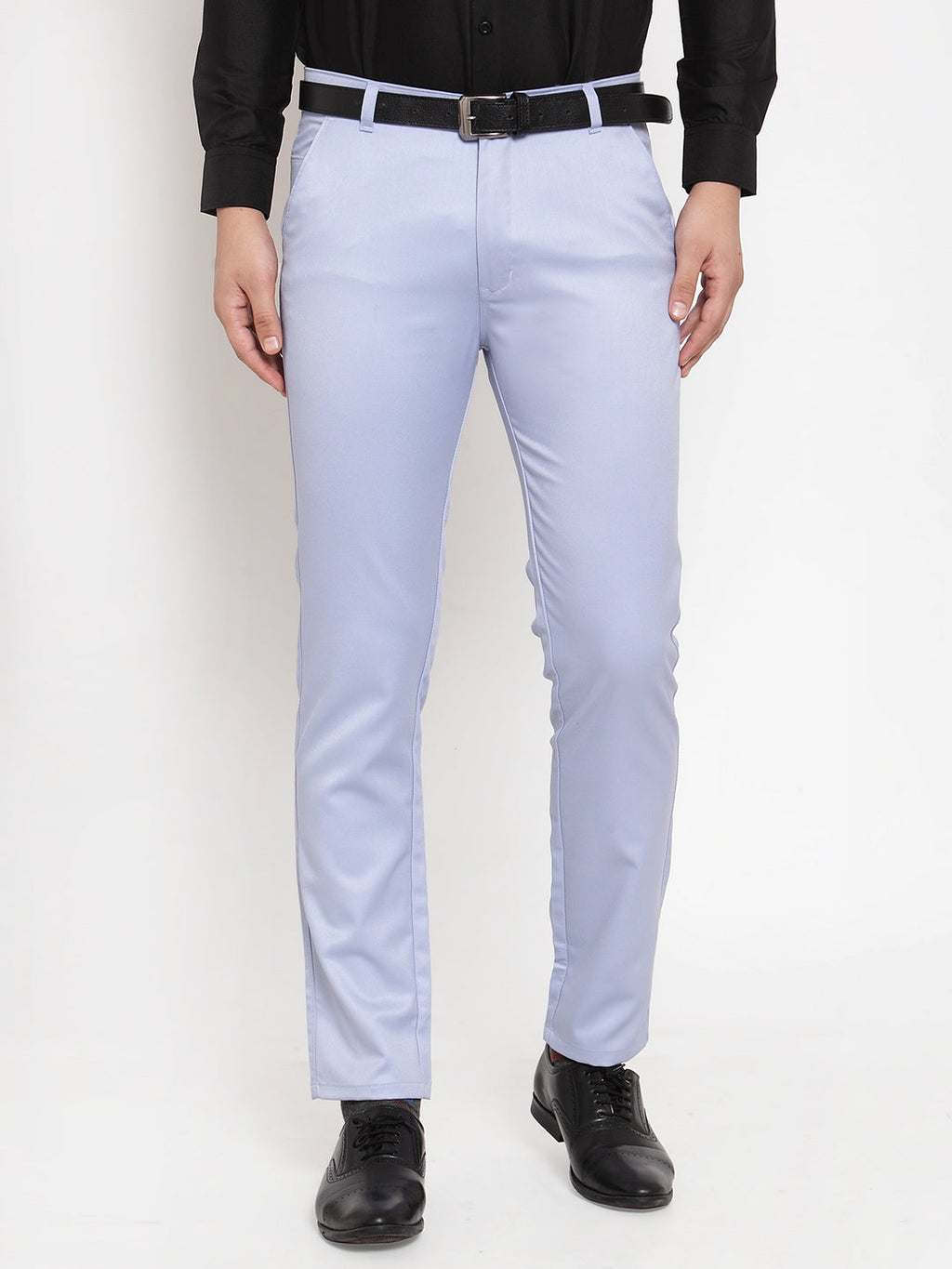 Jainish Men's Blue Tapered Fit Formal Trousers | Grocsy