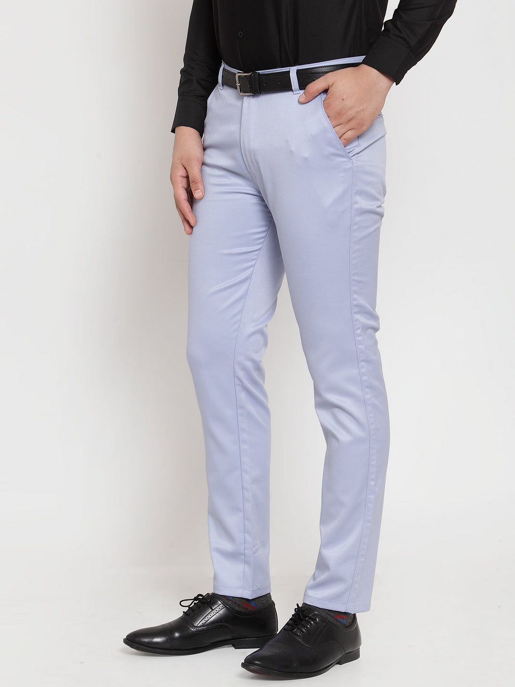 Jainish Men's Blue Tapered Fit Formal Trousers | Grocsy
