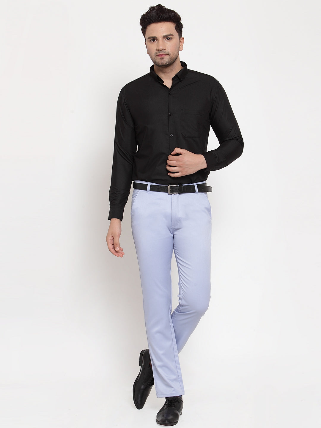 Jainish Men's Blue Tapered Fit Formal Trousers | Grocsy