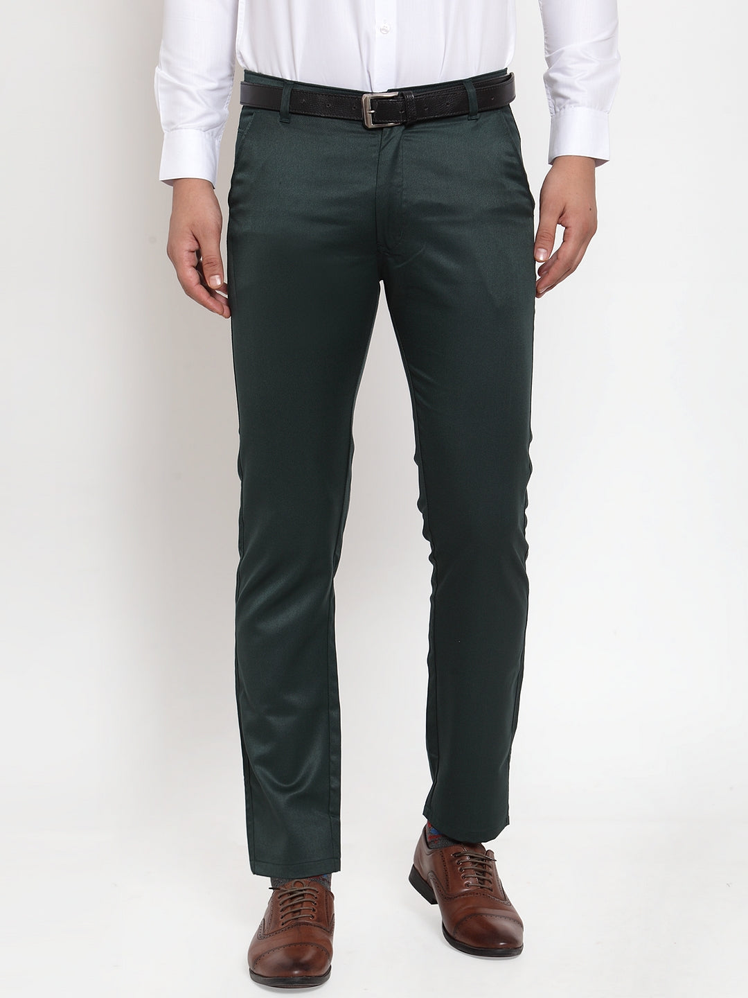 Jainish Men's Olive Tapered Fit Formal Trousers | Grocsy