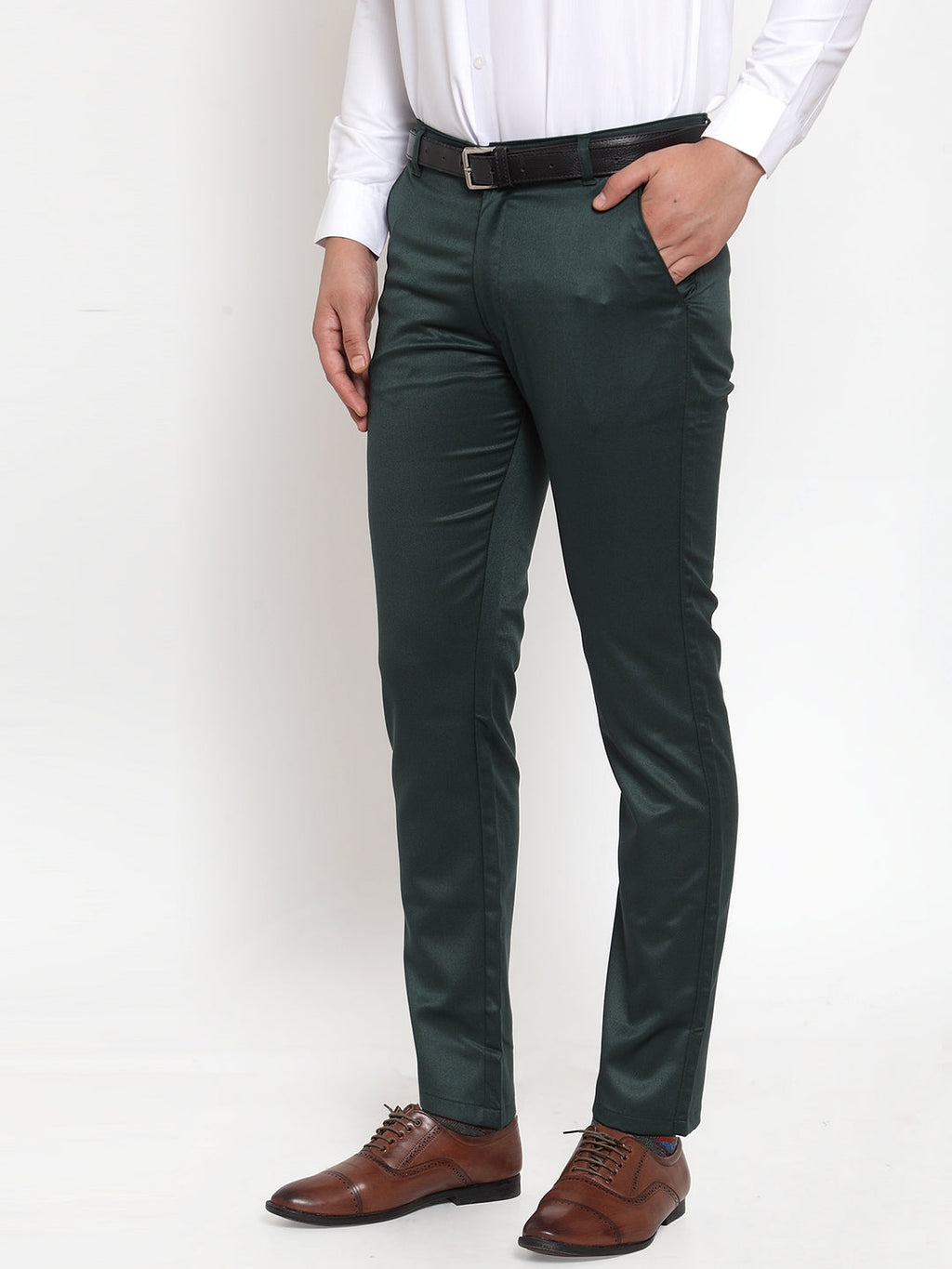 Jainish Men's Olive Tapered Fit Formal Trousers | Grocsy