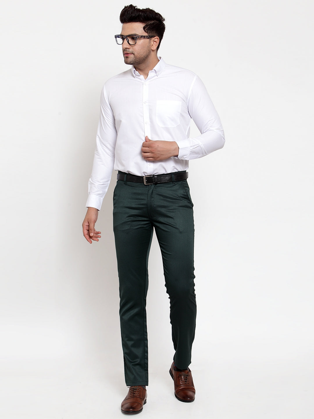 Jainish Men's Olive Tapered Fit Formal Trousers | Grocsy