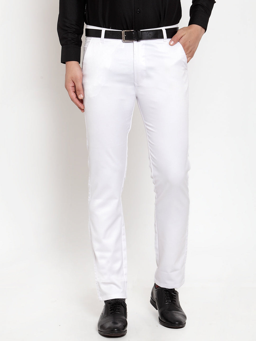 Jainish Men's White Tapered Fit Formal Trousers | Grocsy