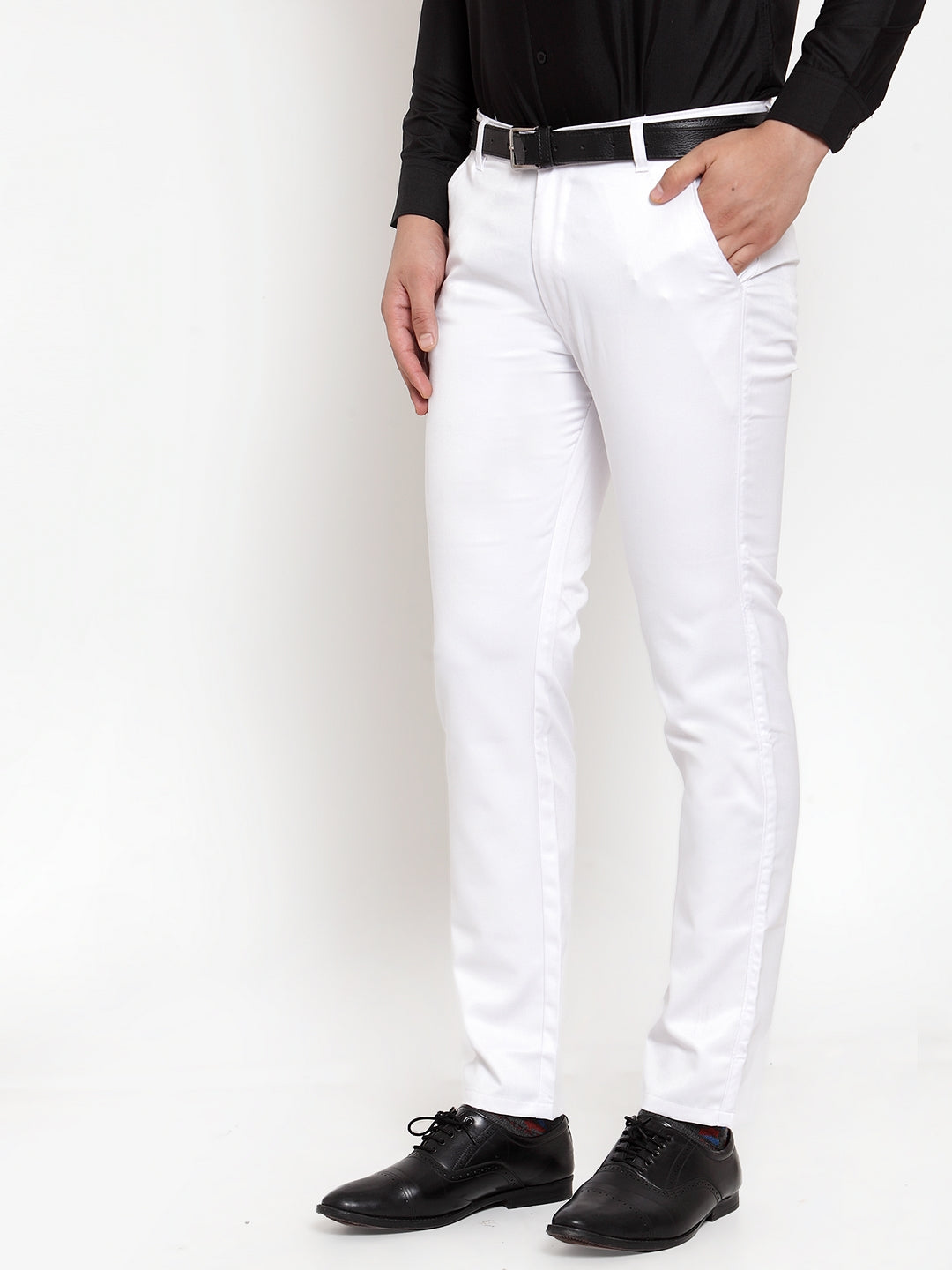 Jainish Men's White Tapered Fit Formal Trousers | Grocsy