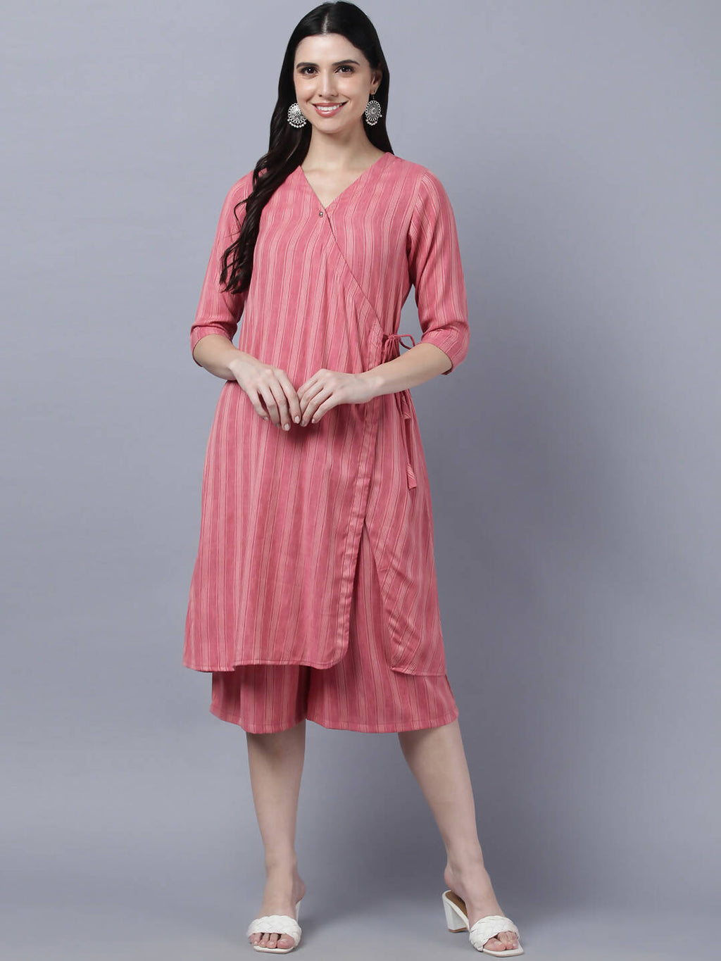 Myshka Stylish Pink Cotton 3/4 Sleeve Women's Kurta Palazzo Set | Grocsy