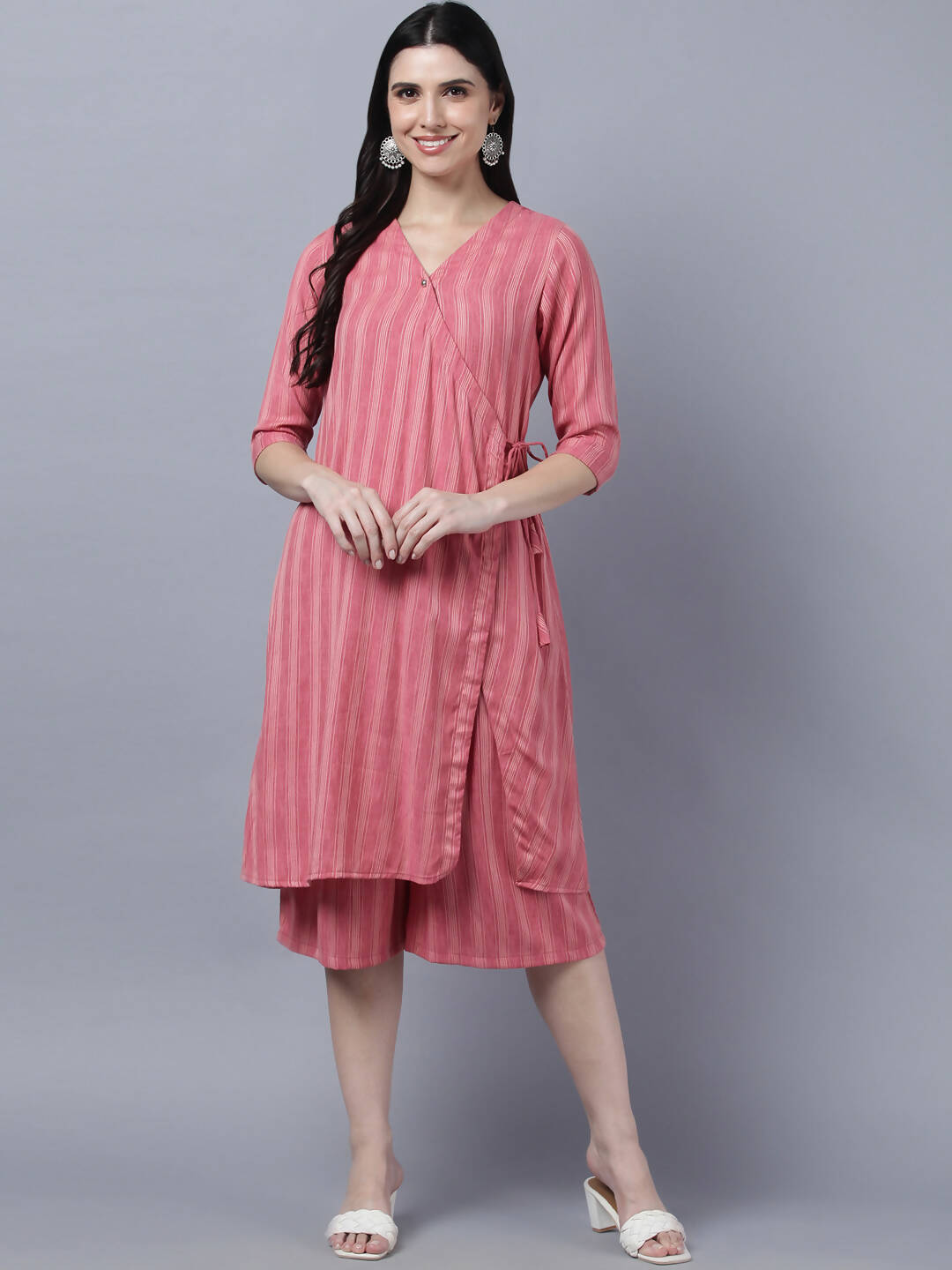 Myshka Stylish Pink Cotton 3/4 Sleeve Women's Kurta Palazzo Set | Grocsy