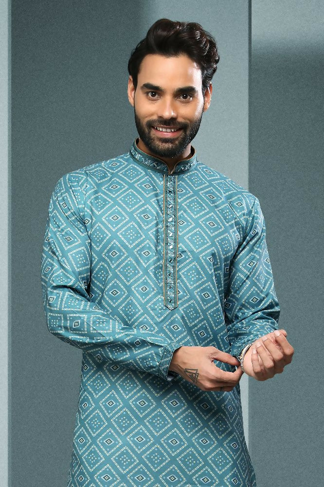 Raivat Ethnic Cotton Digital Print Mirror Work Kurta Pajama In Sky Blue Colour | Grocsy