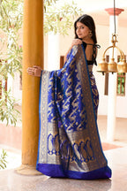 Joban Fashion Ink Blue Banarasi Soft Pure Handloom Banarasi Silk Saree | Grocsy