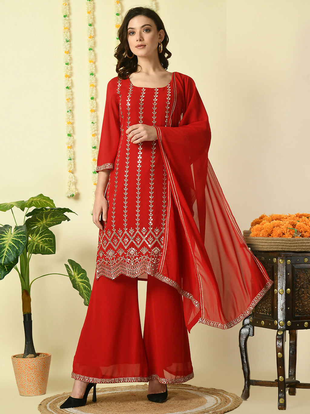 Myshka Women's Red Georgette Kurta & Palazzos With Dupatta Party Sets | Grocsy