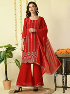 Myshka Women's Red Georgette Kurta & Palazzos With Dupatta Party Sets | Grocsy