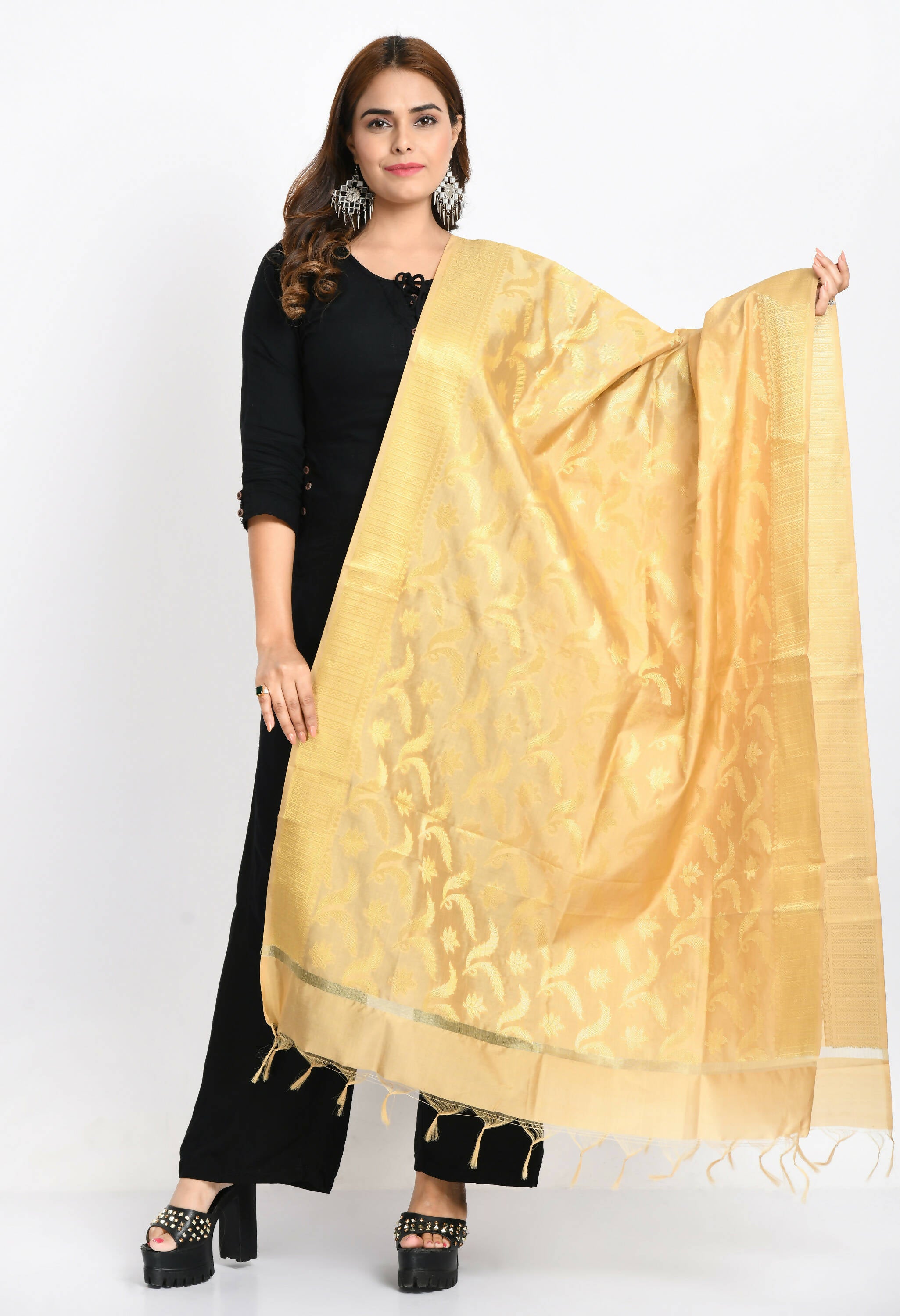 Mominos Fashion Moeza Women's Banarsi Silk Floral Woven Design Golden Dupatta | Grocsy