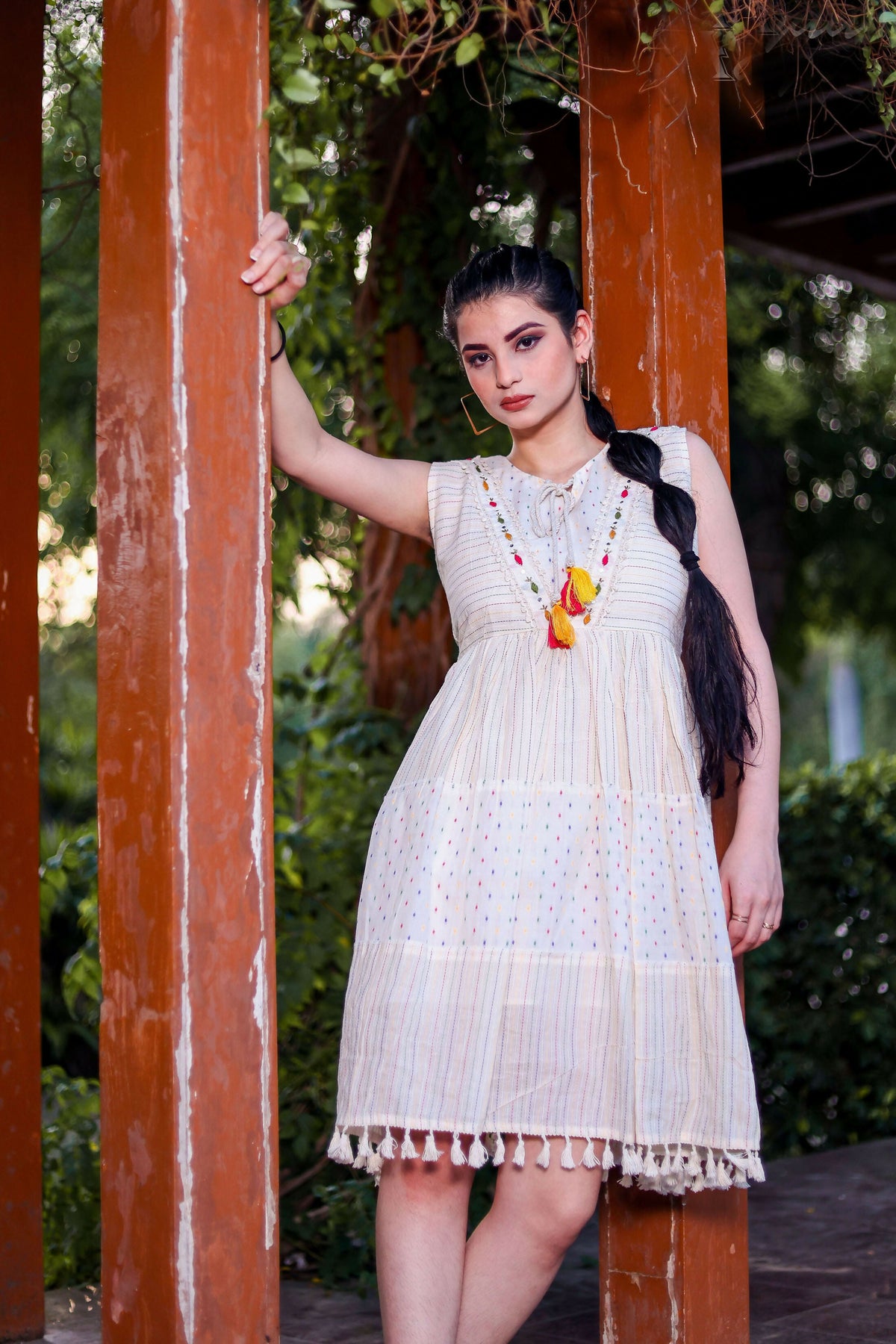 Aayaa Designer Multi Thread Hand Work Khadi Cotton One Piece Dress - Off White | Grocsy