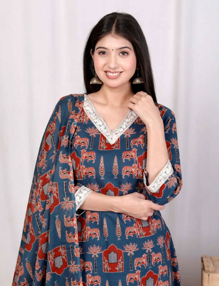 Miravan Women's Pure Cotton Animal Printed Zari Lace Work Blue Jaipuriya Anarkali Suit Set | Grocsy