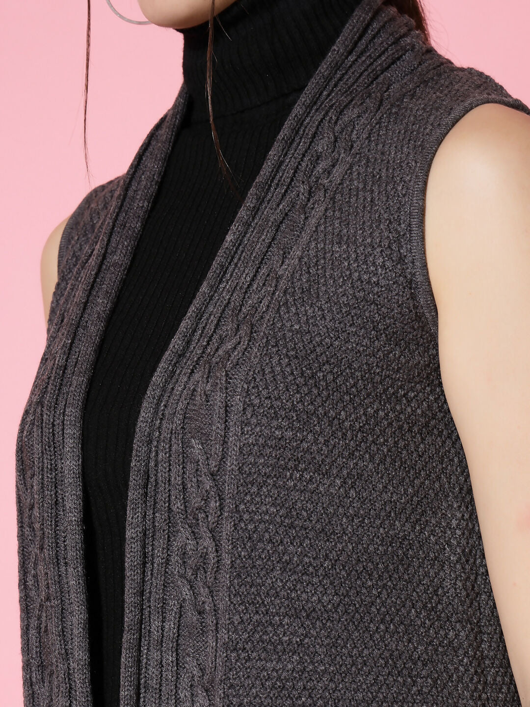 Women Charcoal Acrylic Self Design Winter Cardigan - Wool Trees | Grocsy