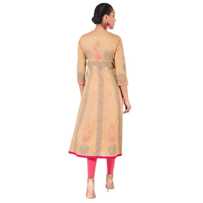Aniyah Cotton Floral Print Anarkali Kurta In Beige (AN-165K) | Grocsy