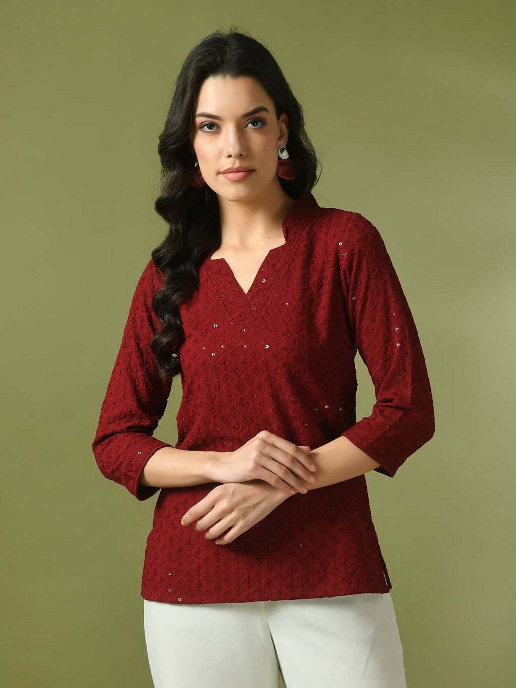 Myshka Women's Maroon Embellished Cotton Regular Party Tunic | Grocsy