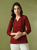 Myshka Women's Maroon Embellished Cotton Regular Party Tunic | Grocsy