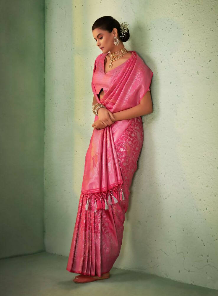 Glorious Designer Pink Color Kanjivaram Silk Saree With Weaving Work - Yomika Fashions | Grocsy