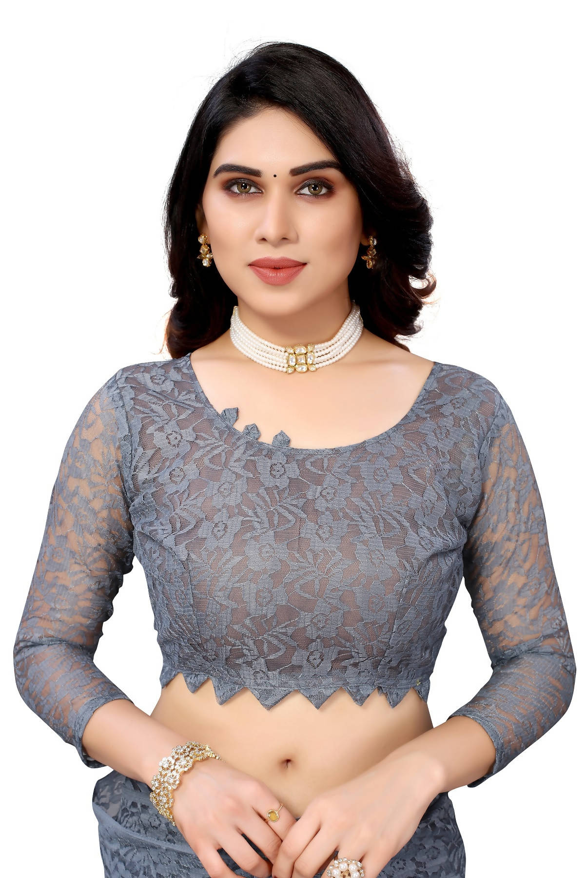 Vamika Ethnic Fire Grey Pearls Net Saree | Grocsy