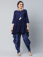 Ahalyaa Women Navy Blue Rayon Floral Empire Kurti with Dhoti Pants | Grocsy