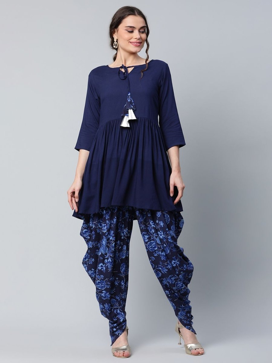 Ahalyaa Women Navy Blue Rayon Floral Empire Kurti with Dhoti Pants | Grocsy