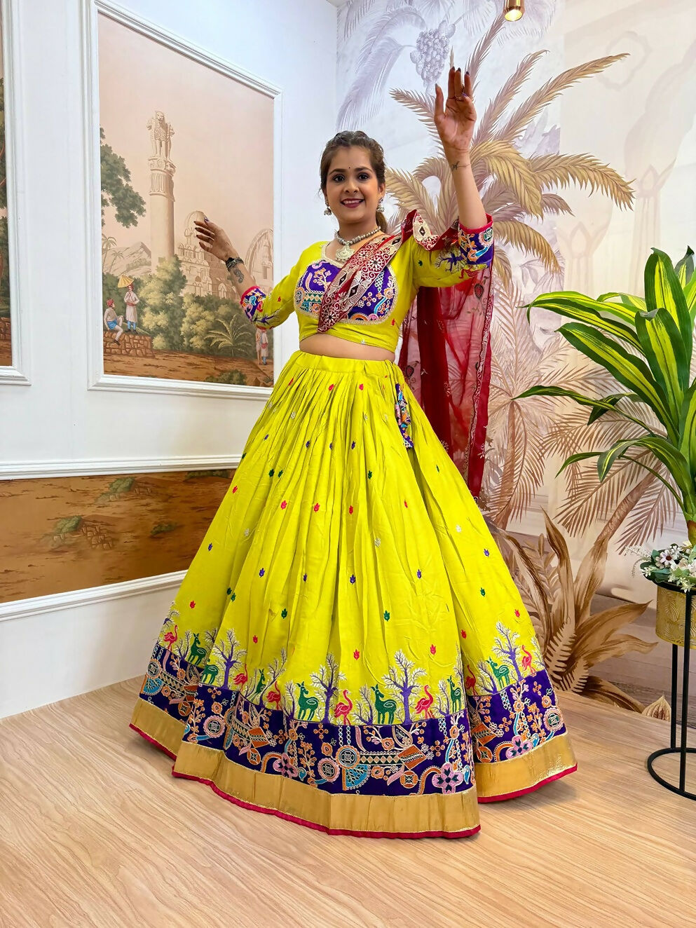 Teeya Creation Parrot Colour Rayon Silk Embroidery Work Fully Stitched Navratri Lehenga | Grocsy
