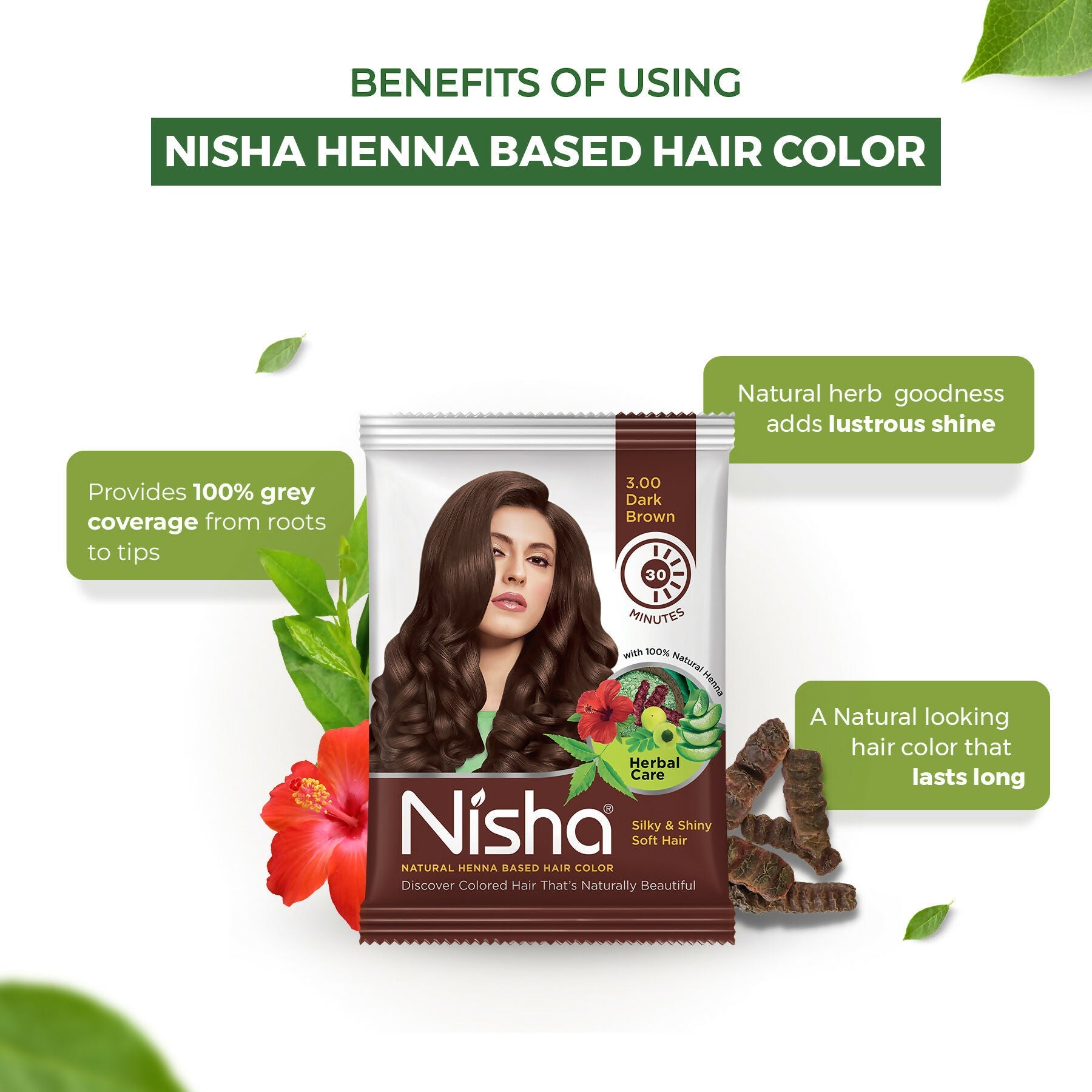 Nisha Henna Based Hair Colour for Women & Men Dark Brown (Pack of 10) | Grocsy