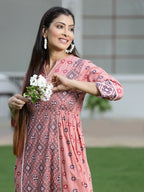 Juniper Peach Geometric Printed Pure Cotton Maxi Dress With Lace Work | Grocsy