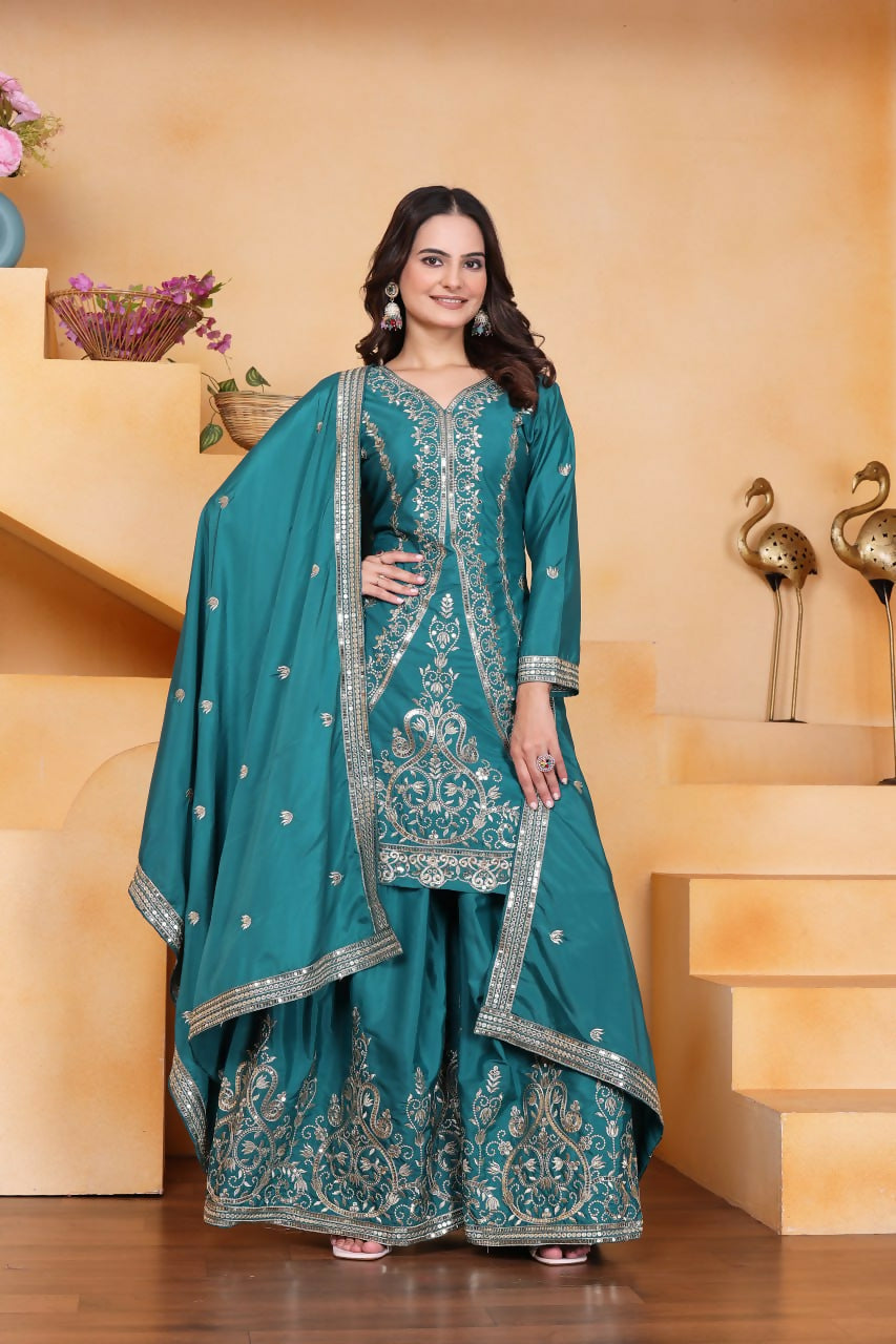 Teeya Creation Teal Color Natural Crepe Silk Wedding Wear Trending Palazzo Set | Grocsy