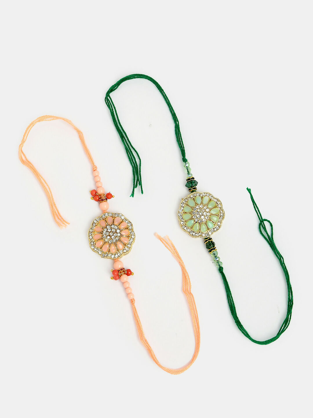 NVR Men Set of 2 Pink & Green Stone-Studded Rakhi With Roli Chawal & Chocolate | Grocsy