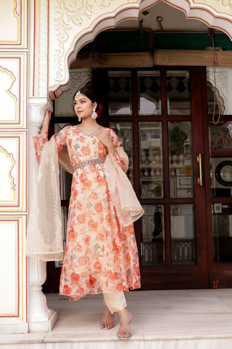 Vaasva Women Cream Organza Floral Print & Embroidered Anarkali Kurta, Pant & Dupatta set | Grocsy
