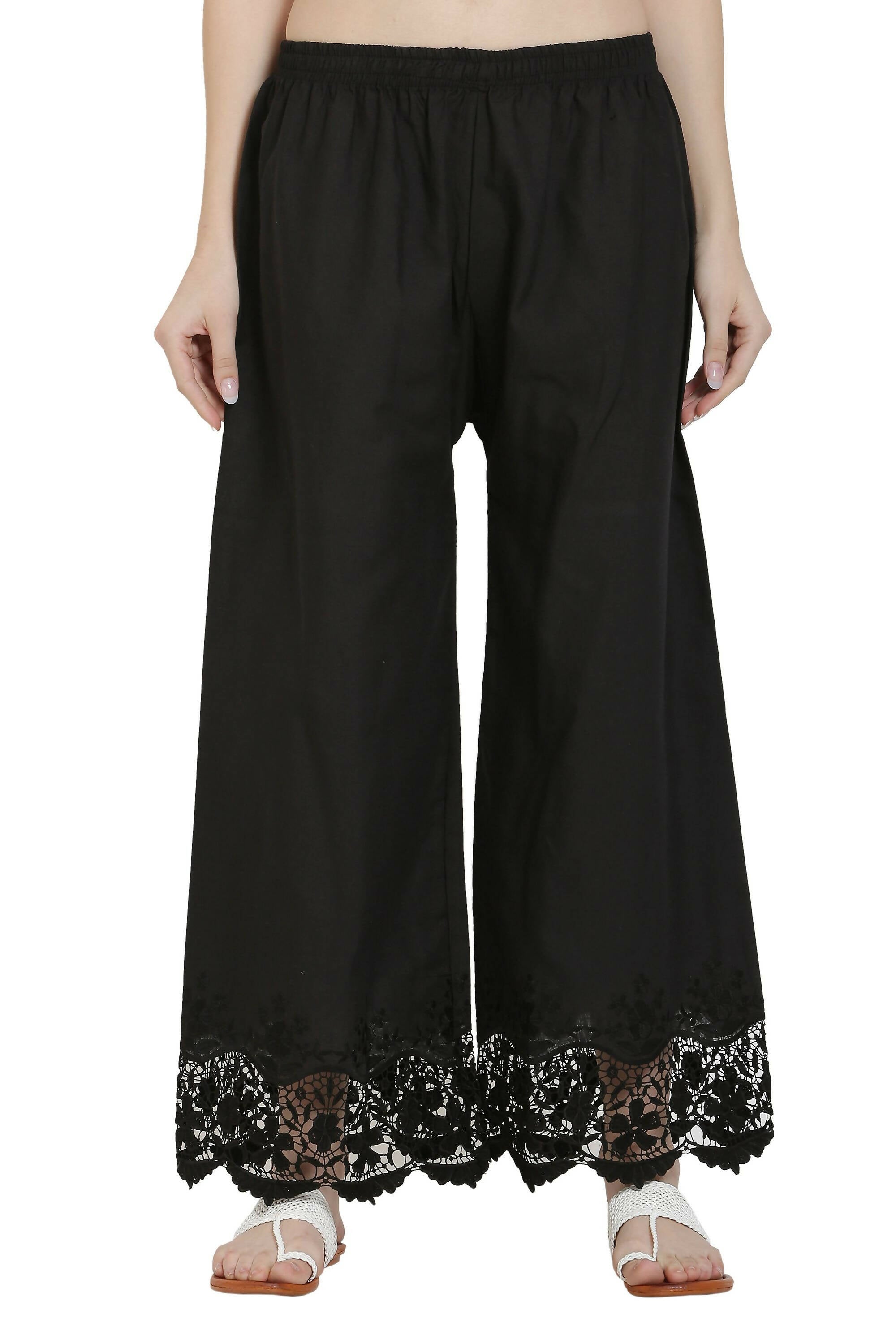 PAVONINE Black Color Chikankari Lace Scalloped Hem Cotton Fabric Sharara | Grocsy