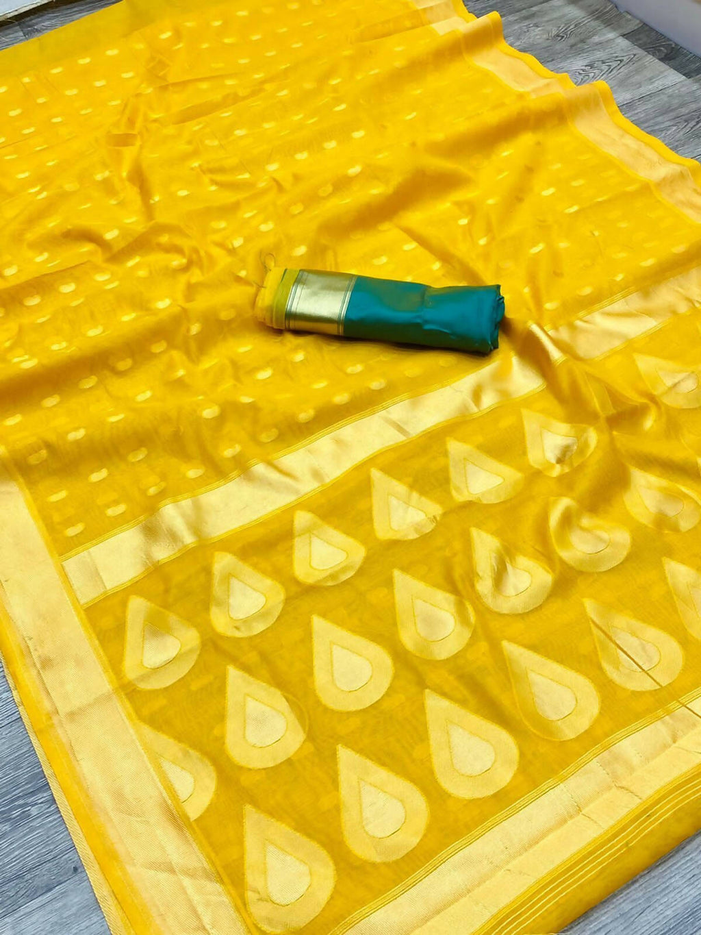 DEIANA'S Beautiful Designer Golden zari Soft Lichi Silk Saree - Yellow | Grocsy
