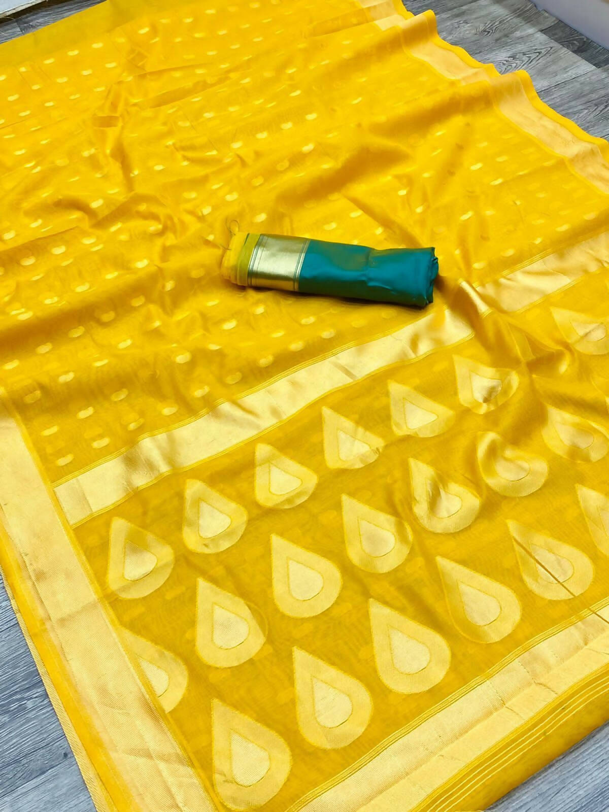 DEIANA'S Beautiful Designer Golden zari Soft Lichi Silk Saree - Yellow | Grocsy
