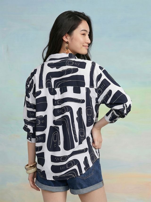 Janasya Navy Blue Shirt Rayon Blend Top | Grocsy