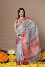 Very Much Indian Rajsi - Handloom Ari Checks Cotton Silk Saree With Golden Border - Grey | Grocsy