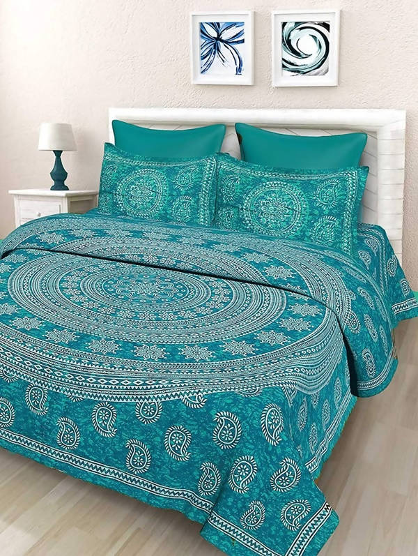 Vamika Printed Cotton Sea Green Bedsheet With Pillow Covers (LEOC_3_SG) | Grocsy