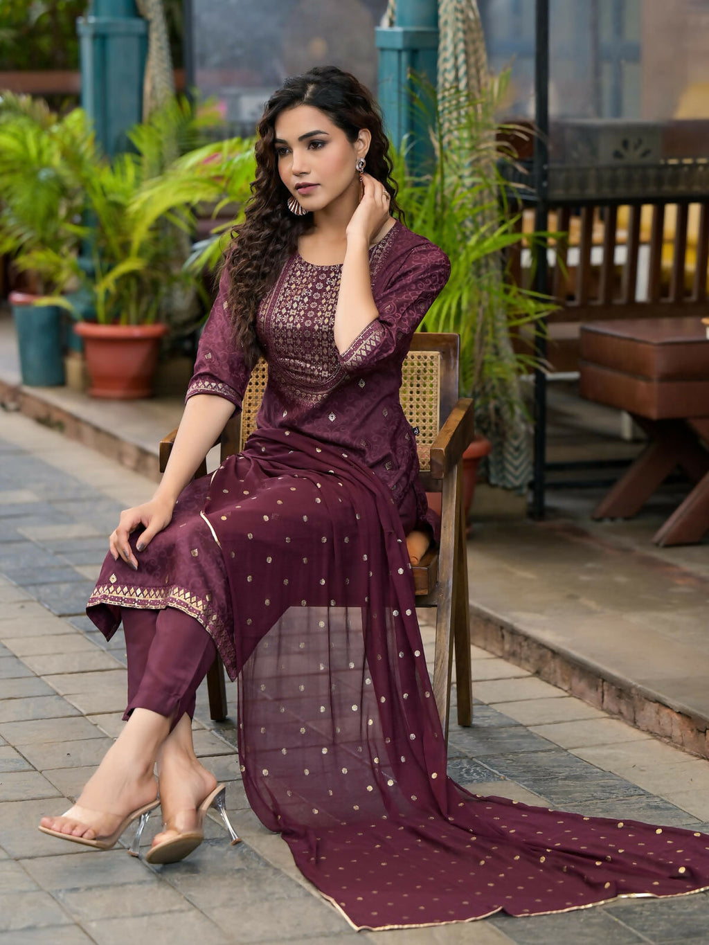 Juniper Women's Wine Ethnic Motif Printed Muslin Kurta Set With Zari Work & Gota Patti | Grocsy